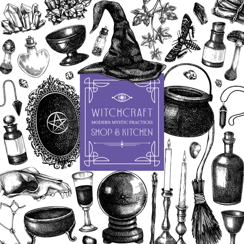 Witch party invitation design. Bohemian witchcraft background. Vinatge Halloween sketches. Hand-drawn vector illustration. NOT AI generated